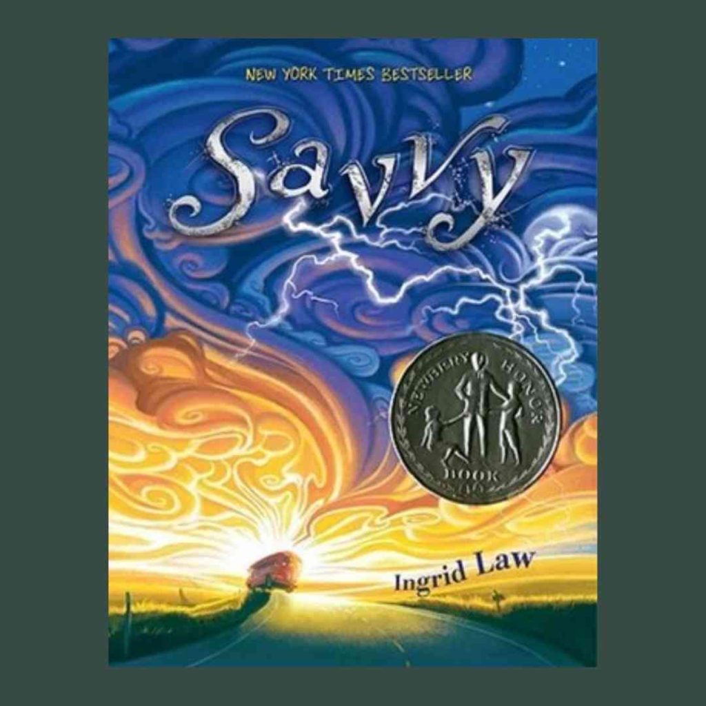 The cover of Savvy by Ingrid Law--a gold and blue sky over a road through the countryside