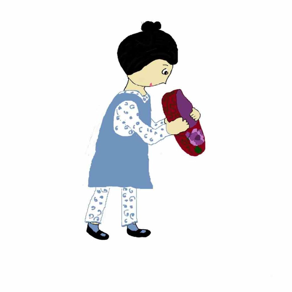 A black-haired girl with a bun on top of her head wears a blue jumper and holds a purple peony slipper