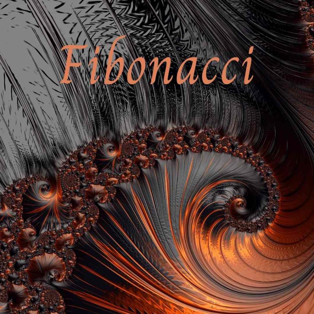 This picture shows swirling feathers in bronze and silver. The word "Fibonacci" sits at the top.
