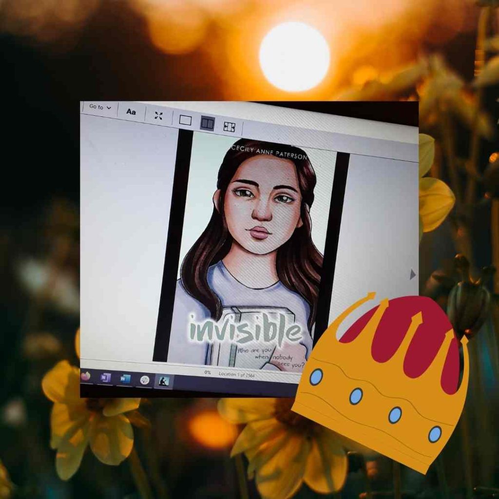 Ebook cover of Invisible on a computer screen over a background of flowers. A gold and red crown sits in the foreground.