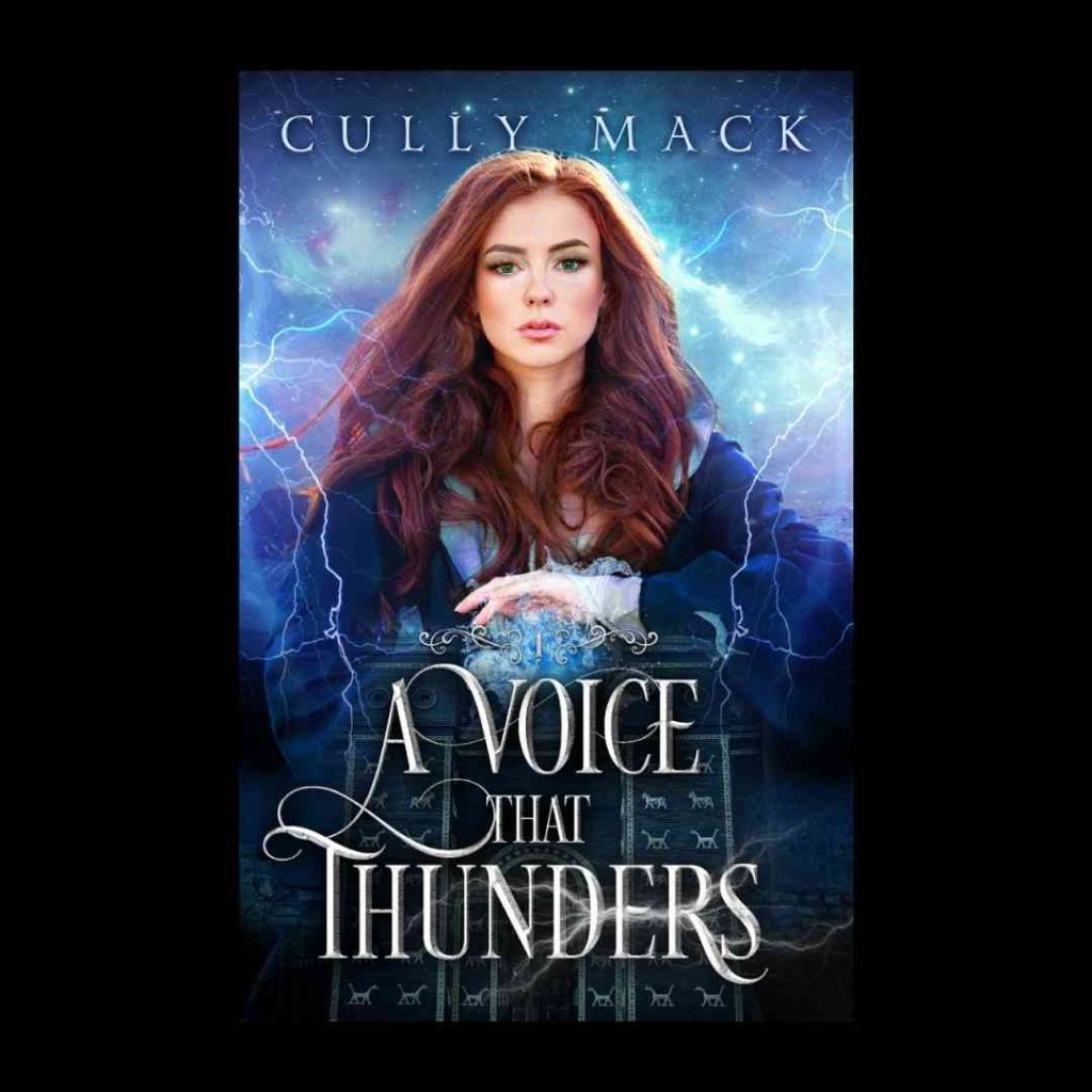 Cover from A Voice that Thunders by Cully Mack--a reddish-haired woman holds a ball of light (or possibly ice) in her hands. Behind her, the sky is streaked with lightning and stars.
