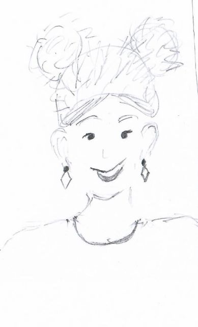 Character Sketch is a black and white line ddrawing of a girl (or possibly a woman) with her hair up in two buns. She wears earrings and a smile.