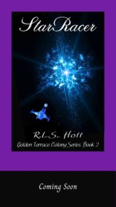 The cover of StarRacer--a blue crystalline starship flies toward a blue explosion of light