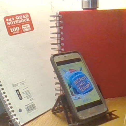 On a cellphone propped in front of two spiral notebooks, the cover of Because of Mr. Terupt shows. It has a blue backpack with the lettering in gold on it.