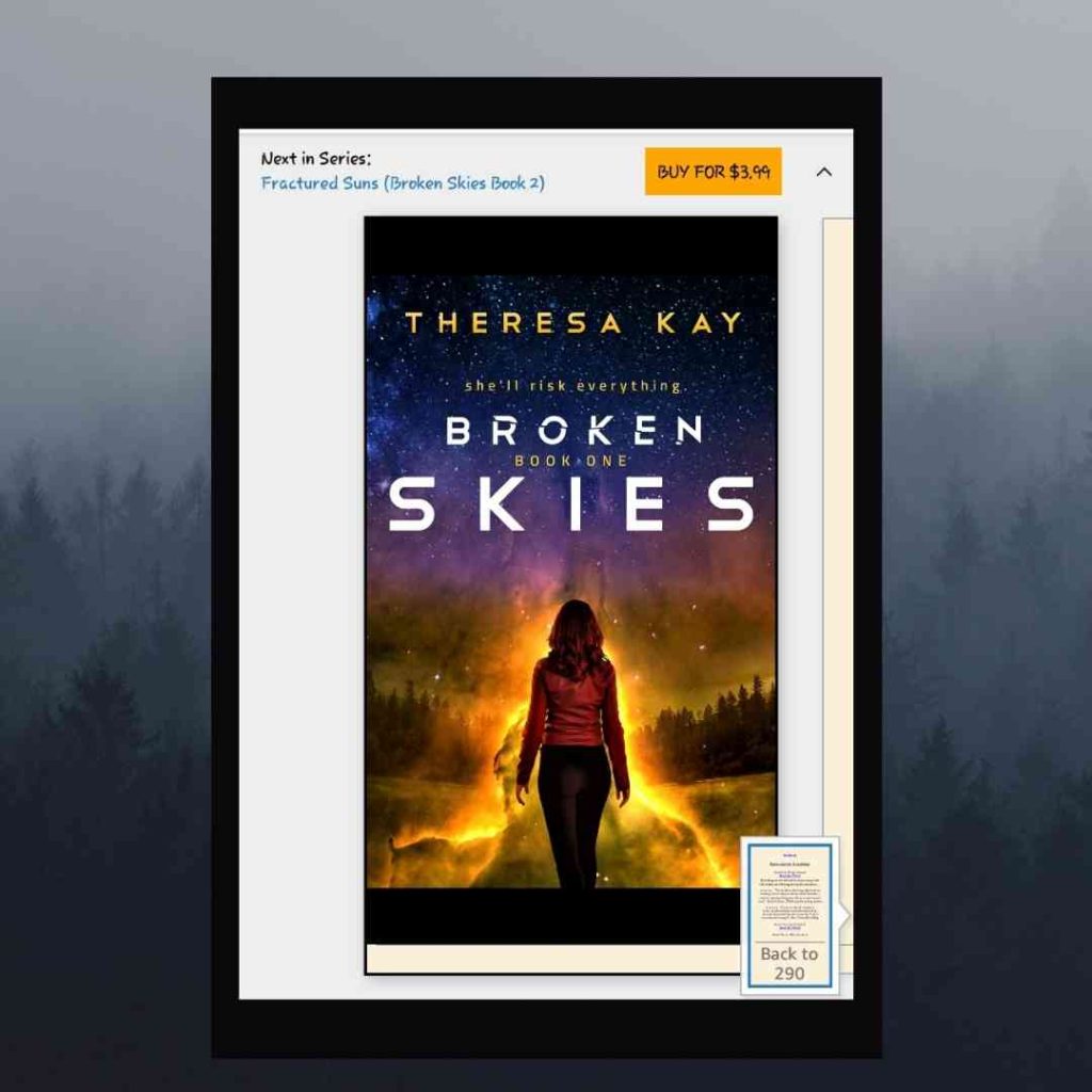 This shows the cover of Theresa Kay's Broken Skies--where a girl walks off into a golden cloud or explosive plume.