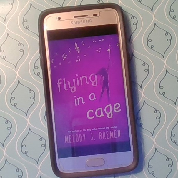 Cover of Flying in a Cage on a cell phone. A girl floats upward into the sky, as if carried by a helium baloon.