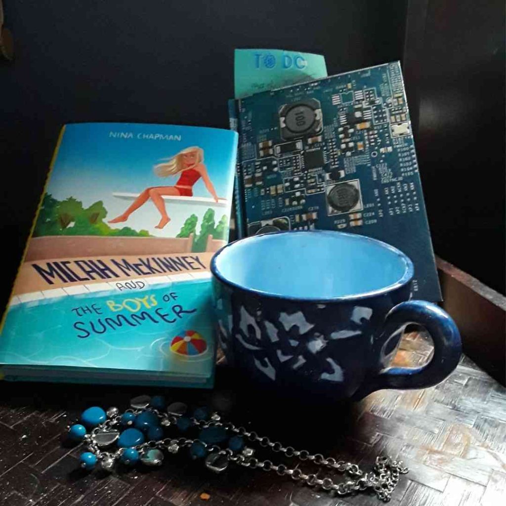 A hardback copy of Micah McKinney and the Boys of Summer sits on a table next to a ceramic mug, a notebook, and a necklace. On the cover, a blonde girl in a red swimsuit dangles on a diving board over a swimming pool.