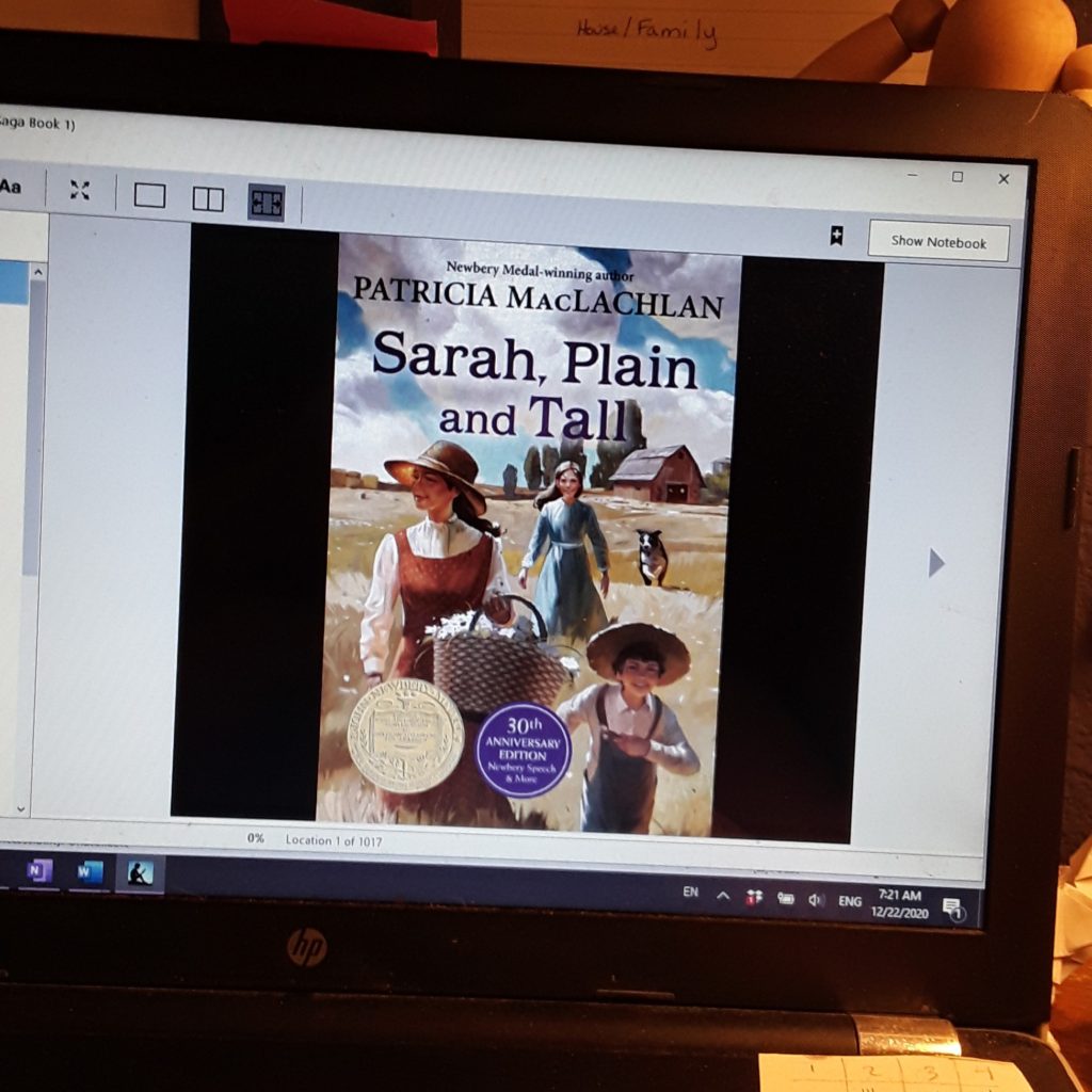 The cover of Sarah, Plain and Tall (from a screenshot on my computer) shows a woman and a couple of children in old-fashioned clothes walking up a path through flat farmland.