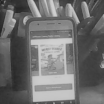 The cover of Merci Suarez Changes Gears is shown in small form on a cell phone in black and white. ON the cover, a girl rides a bicycle along a row of houses.